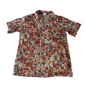 Vtg Y2K 2000s Orange Floral Sketch Pullover Polo Top Sz L Boho Cottagecore